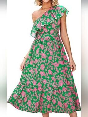 BTFBM One-Shoulder Green Floral Midi Dress with Ruffle